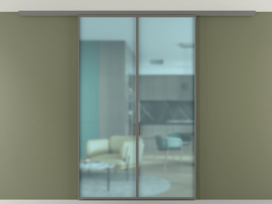 Алюминевая перегородка АЛПР 040.01_АКЛС_САТ ГОЛ_new. Цвет Алюминий классический серый. Материал Алюминий в эмали. Коллекция Перегородка Formato вдоль стены на потолок 2 створки. Картинка.