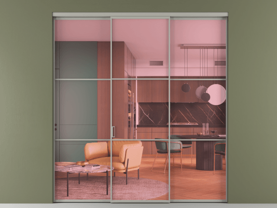 Алюминевая перегородка АЛПР 040.03_АНСР_ПРОЗ РОЗ_new. Цвет Алюминий нейтральный серый. Материал Алюминий в эмали. Коллекция Перегородка Формато внутри проёма 3 створки. Картинка.