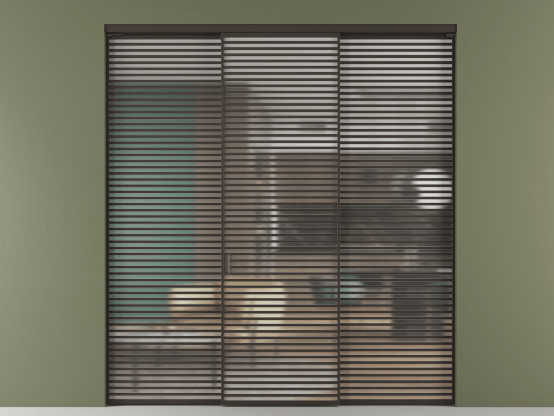 Алюминевая перегородка АЛПР 040.07_ААН_Matelux Crystalvision_new. Цвет Алюминий антрацит. Материал Алюминий в эмали. Коллекция Перегородка Formato внутри проёма 3 створки. Картинка.