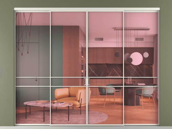 Алюминевая перегородка АЛПР 040.02_БЕЛ_ПРОЗ РОЗ_new. Цвет Алюминий Белый. Материал Алюминий. Коллекция Перегородка Formato внутри проёма 4 створки. Картинка.