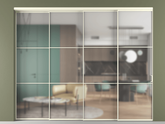 Алюминевая перегородка АЛПР 040.03_АМБ_Matelux Crystalvision_new. Цвет Алюминий молочно-белый. Материал Алюминий в эмали. Коллекция Перегородка Формато внутри проёма 4 створки с синхронным механизмом. Картинка.