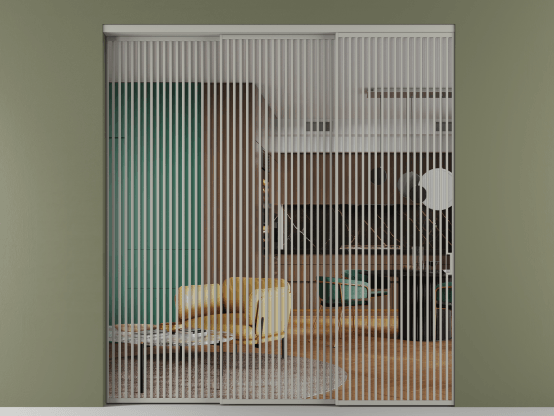 Алюминевая перегородка АЛПР 040.06_АНСР_Crystalvision_new. Цвет Алюминий нейтральный серый. Материал Алюминий в эмали. Коллекция Перегородка Формато внутри проёма 3 створки с синхронным механизмом. Картинка.