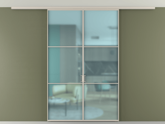 Алюминевая перегородка АЛПР 040.03_АСБЖ_САТ ГОЛ_new. Цвет Алюминий светло-бежевый. Материал Алюминий в эмали. Коллекция Перегородка Formato вдоль стены на потолок 2 створки. Картинка.